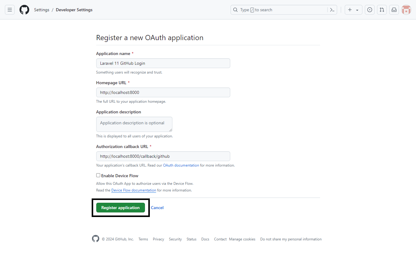 Github Register a new OAuth application